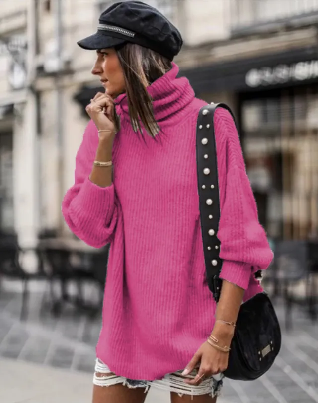 High Collar Loose Pullover Mid length Women's Clothing Woolen Skirt Rose Red - Shop at LoveMi