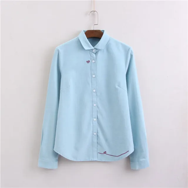 Women's Heart shaped Embroidered Oxford woven Bottoming Shirt Top Blue - Shop at LoveMi