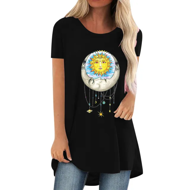Women's Fashion Simple Sun Face Print Round Neck Short Sleeve T Shirt Black - Shop at LoveMi