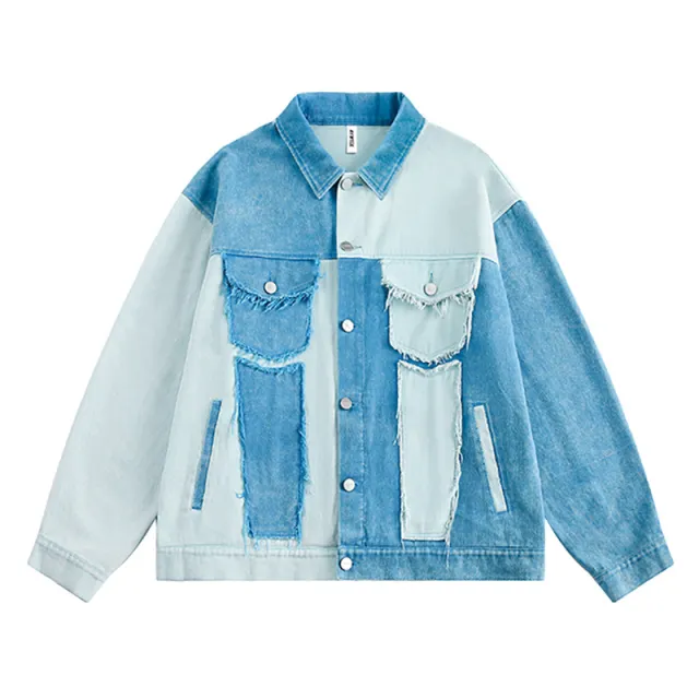 Irregular Color Contrast Patchwork Denim Jacket Blue - Shop at LoveMi