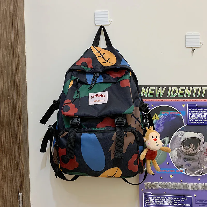 High School And College Student Mori Style Contrast Color Travel Backpack - Black