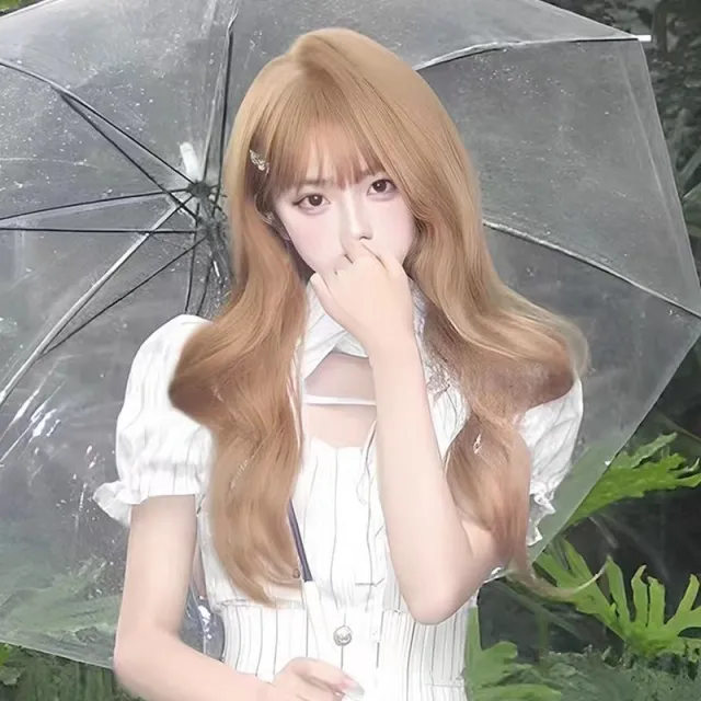 Women's Long Hair Full head Wig Mid length Fluffy Eight character Bangs Champagne Gold Air Bangs - Shop at LoveMi