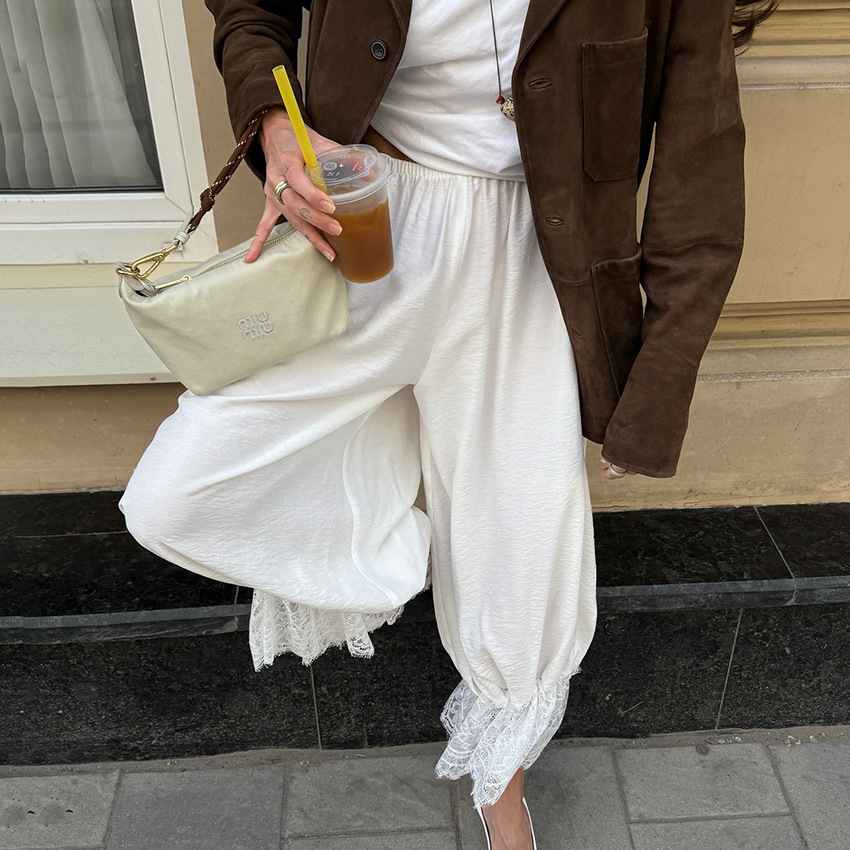 Loose-fitting White Womens Lace-trimmed Trousers