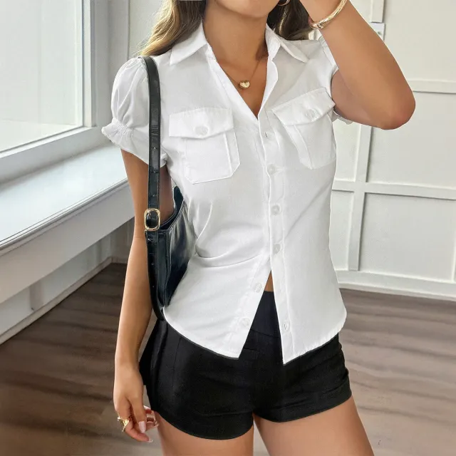 Women's Solid Color Short sleeved Button Shirt White - Shop at LoveMi