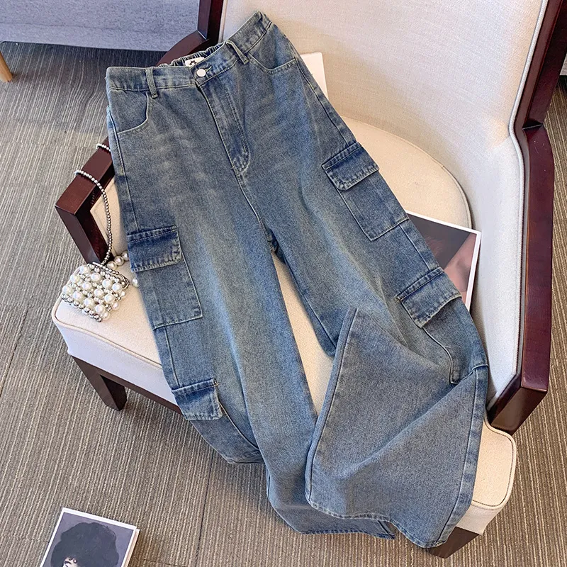 Plus-size Womens Workwear High-waist Straight-leg Denim Jeans - Blue