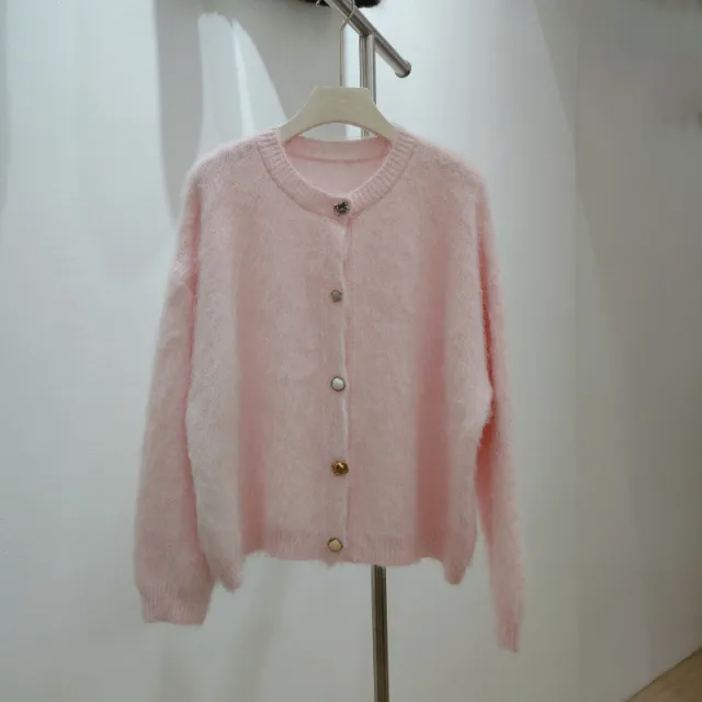 Round Neck Soft Sticky Mohair Knitted Cardigan Women's Long Sleeve Sweater Coat Pink - Shop at LoveMi