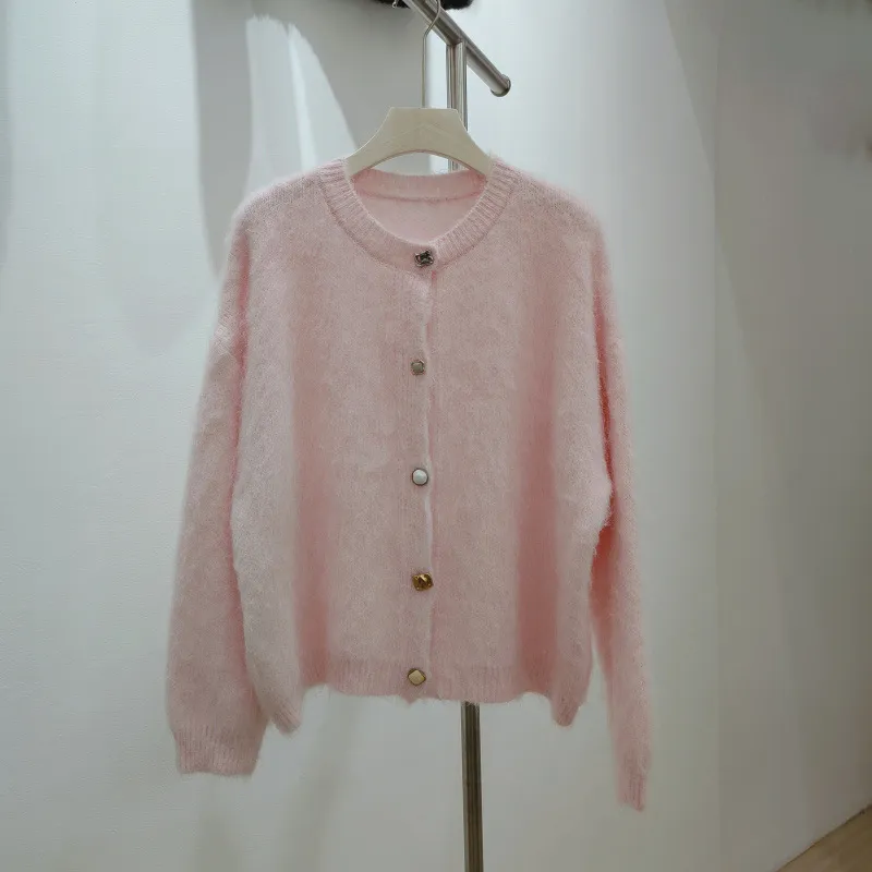 Round Neck Soft Sticky Mohair Knitted Cardigan Women's Long Sleeve Sweater Coat - Pink