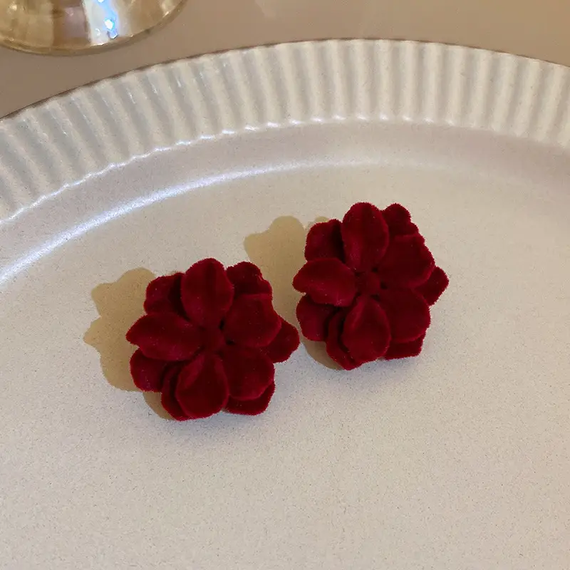 Sterling Silver Needle Red Flocking Flower Temperament Stud Earrings New