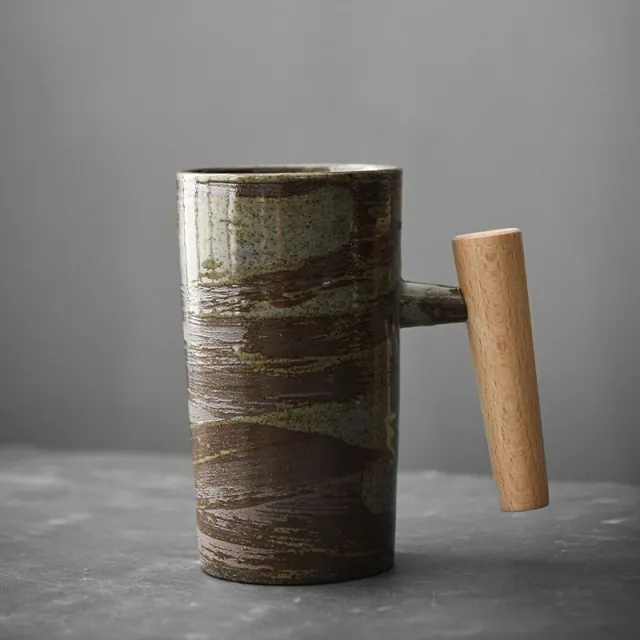 Vintage Minimalist Creative Ceramic Mug With Wooden Handle Green - Shop at LoveMi