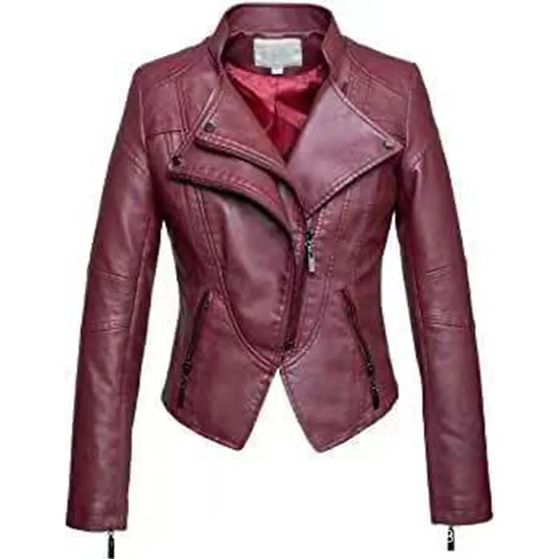 New Women's Leather Top Coat European And American Fashion Motorcycle Slim Fit Short Leather Jacket Jacket Zipper One Generation - Wine Red