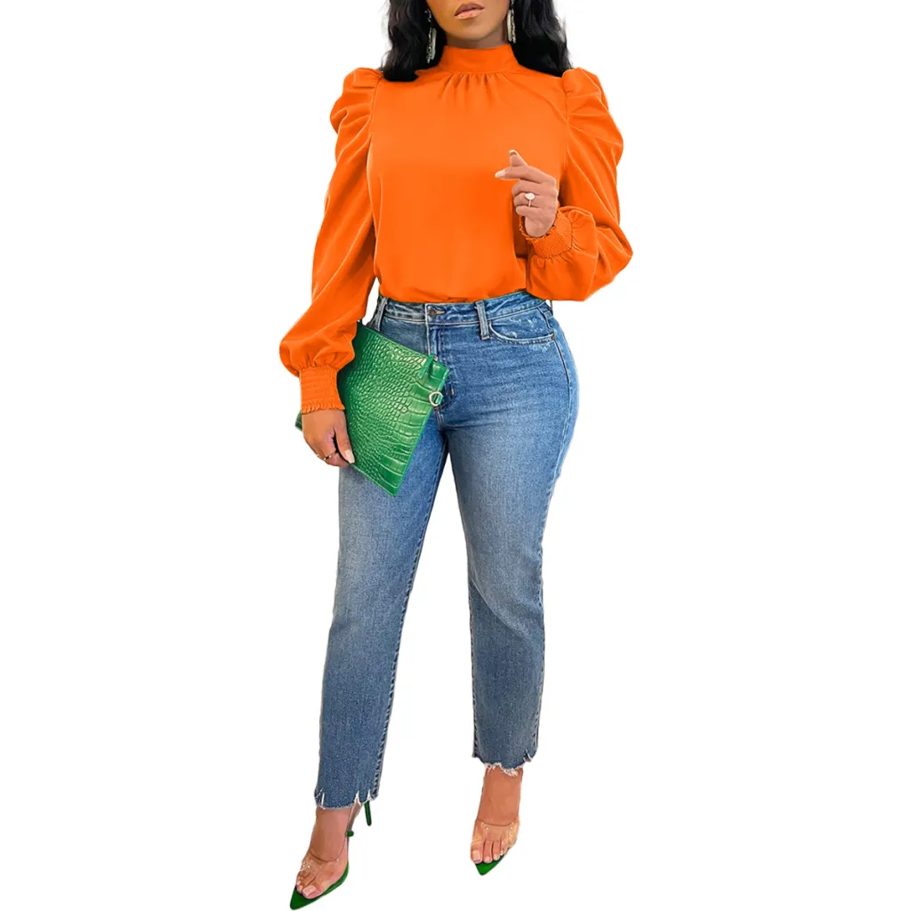 Stand Collar Puff Sleeve Back Lace-up Top - Orange