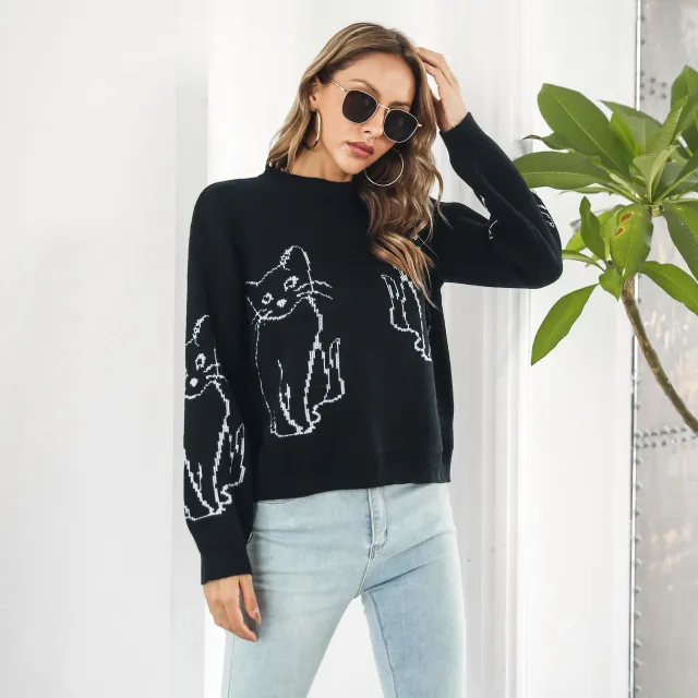 Loose Autumn And Winter Long Sleeve Cat Brocade Sweater Women Black - Shop at LoveMi