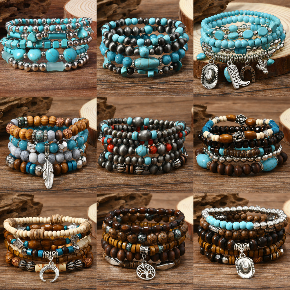 Comfort Elastic Turquoise Beaded Bracelet with Vintage U-Shape