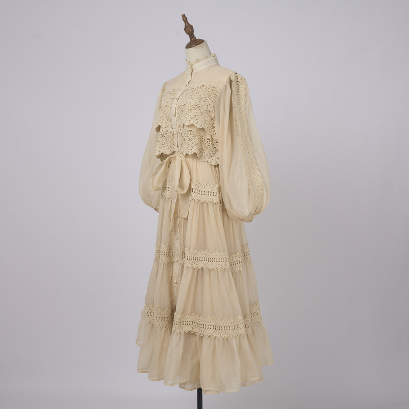 Vacation Style Half Sleeve Refined Handmade Lace Stitching Lantern Swing Dress