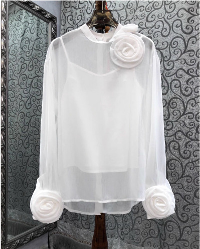 Three-dimensional Plate Flower Stand Collar Long Sleeve Slightly See-through Thin Two-piece Shirt