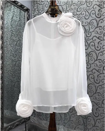 Three dimensional Plate Flower Stand Collar Long Sleeve Slightly See through Thin Two piece Shirt White - Shop at LoveMi