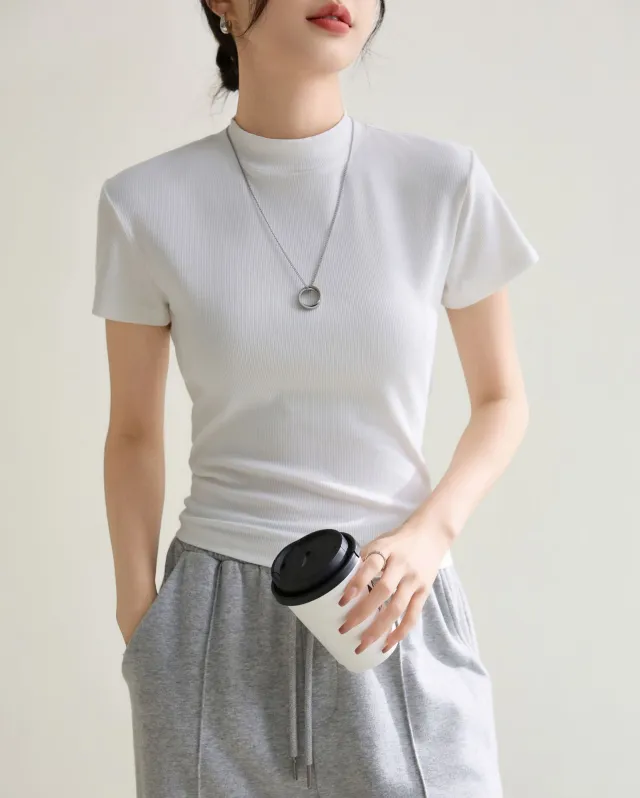 Elegant Slim fit Solid Color Shoulder Round Neck Short Sleeve White - Shop at LoveMi