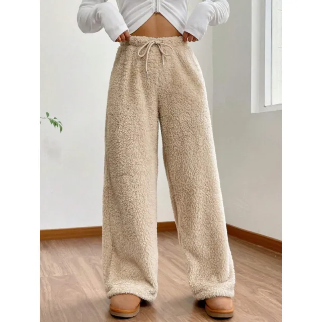 Women's Solid Color Loose Fleece Casual Pants Apricot - Shop at LoveMi