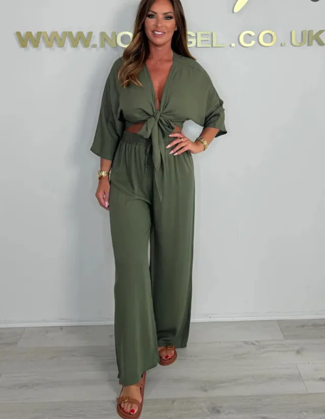 Pure Color Tied Shirt High Waist Straight Casual Olive - Shop at LoveMi