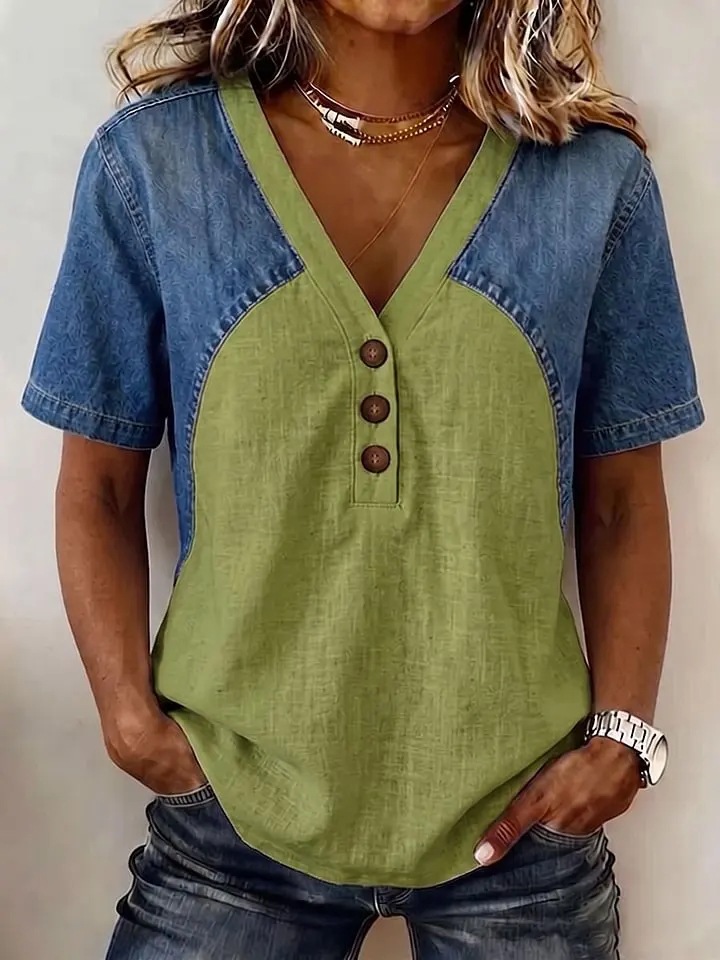 Women's Denim Patchwork T-Shirt – Green colorway side view showing patchwork detail