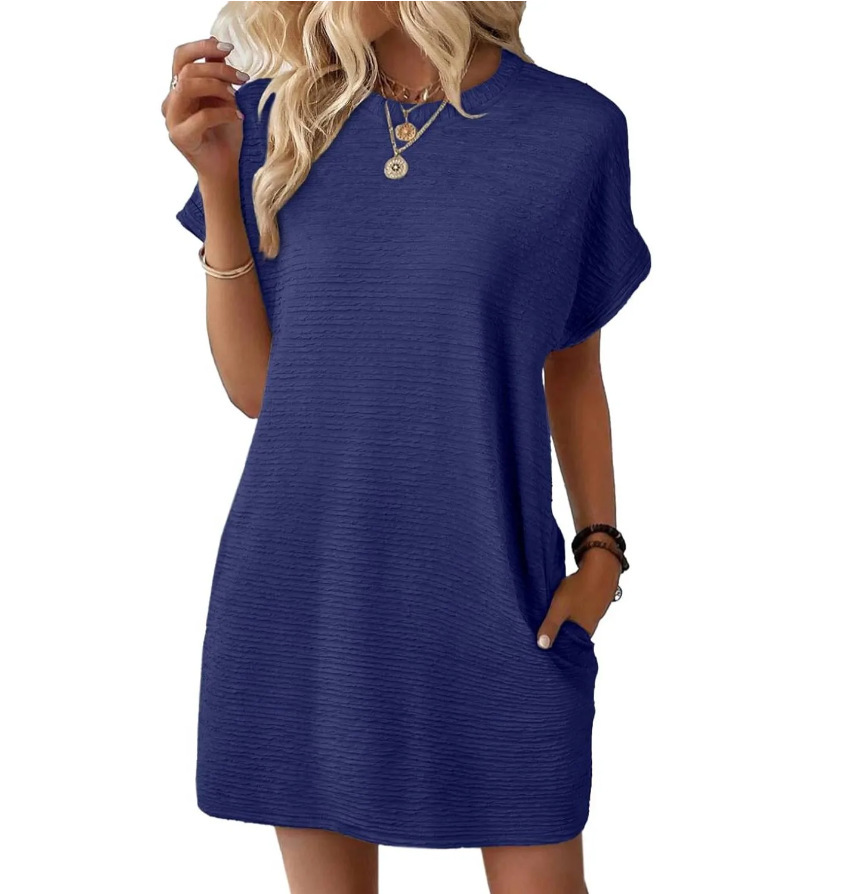 Summer New Loose Round Neck Pocket Solid Color Short Sleeve Dress Women Dark Blue - Shop at LoveMi