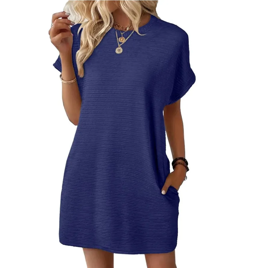 Summer New Loose Round Neck Pocket Solid Color Short Sleeve Dress Women - Dark Blue