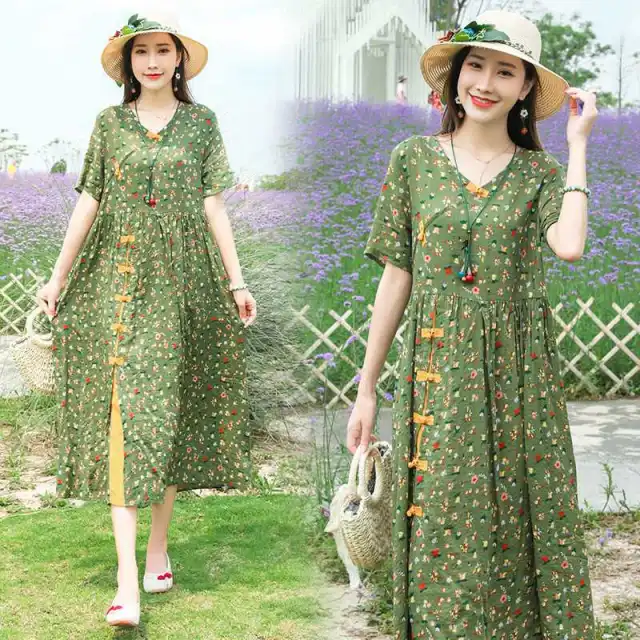 Artistic Retro Ethnic Style Loose Plus Size Slimming Floral Frog Button Dress Green - Shop at LoveMi