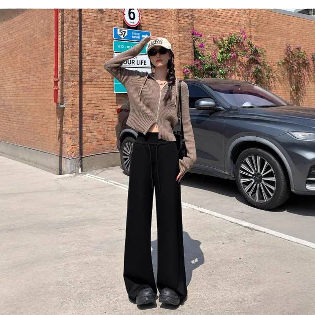 American style Casual Slimming Straight leg Wide leg Pants Black - Shop at LoveMi