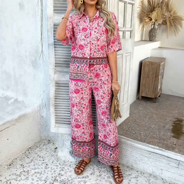 Contrast Color Bohemian Vacation Style Short Sleeve Long Pants Pink - Shop at LoveMi