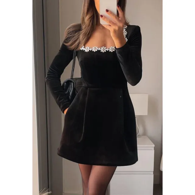 Women's Square Collar Diamond Inlaid Short Velvet Dress Black - Shop at LoveMi