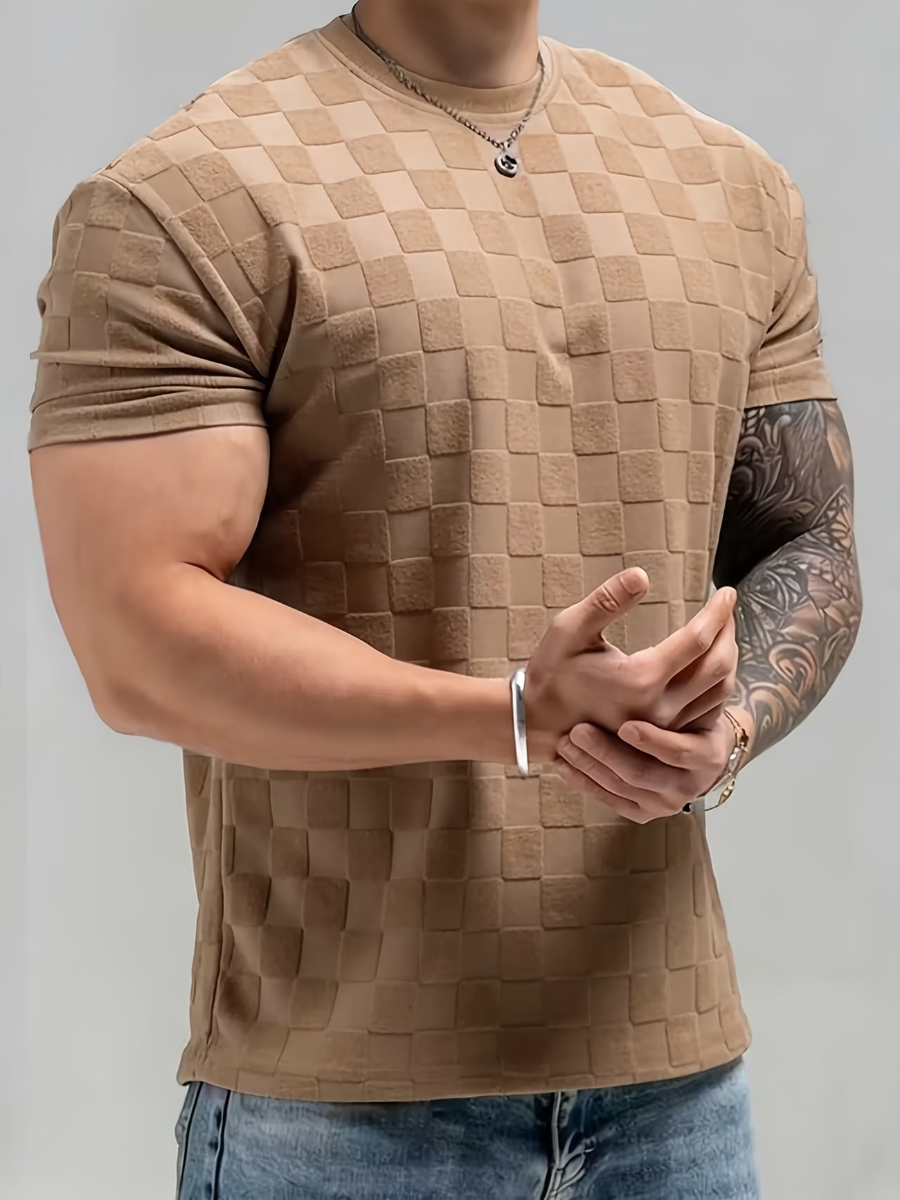Mens Summer Checkerboard Jacquard Short-Sleeve Shirt