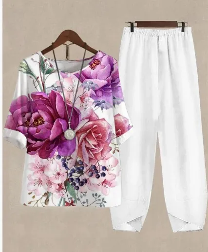 Womens Casual Crew Neck Cropped Sleeve Top Set A38Tzket3Tf1Hcx 05 3Xl - Shop at LoveMi