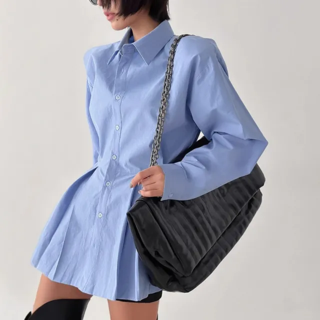 Temperament Commute All match Cotton Shirt Long sleeved Lace up Top Blue - Shop at LoveMi