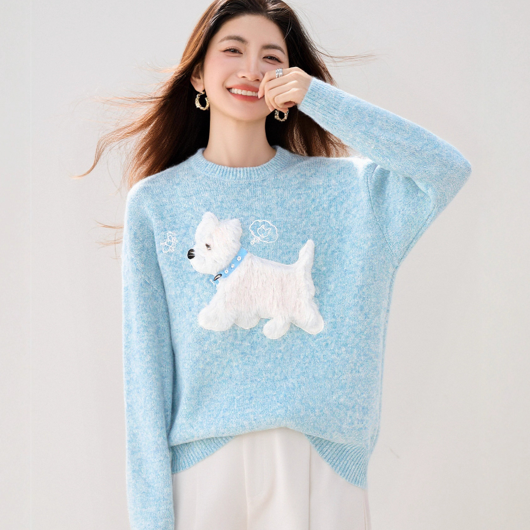 Womens Light Blue Sweet Knit Sweater For Girls