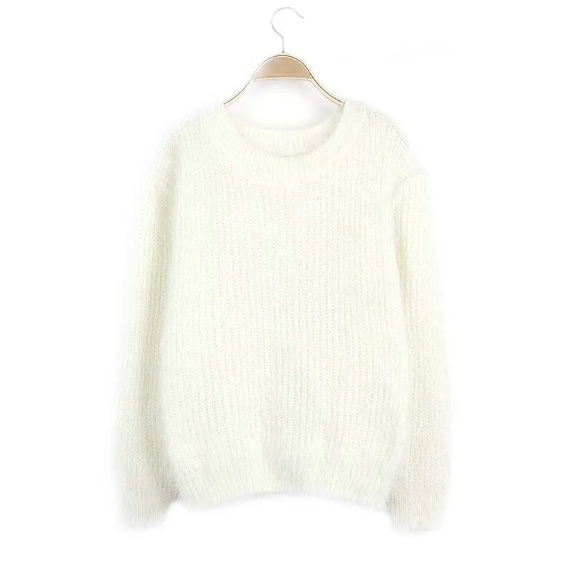 Women's Loose Candy Colored Mohair Pullover Sweater - White