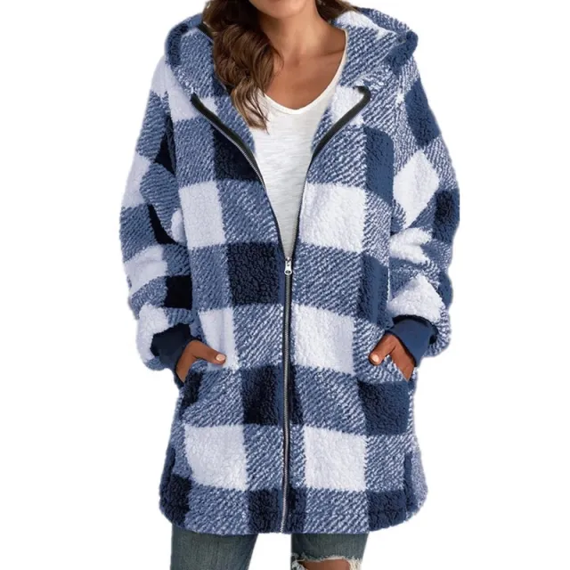 European Velvet Women's Long sleeved Plaid Hooded Zipper With Pockets Baggy Coat Blue - Shop at LoveMi