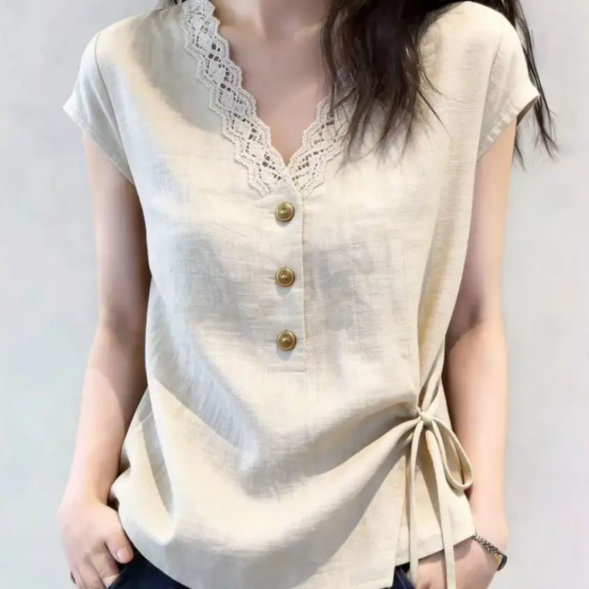 Women's V-Neck Lace Trim Short Sleeve Blouse