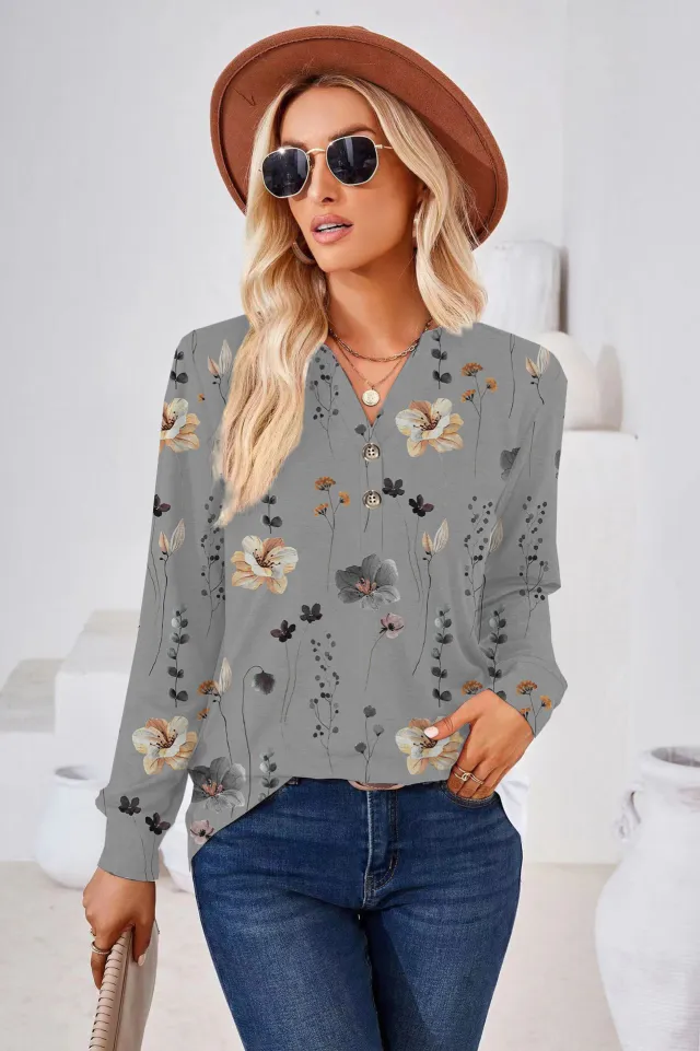 Women's Fashion Casual Printing Button V neck Long Sleeve Gray - Shop at LoveMi