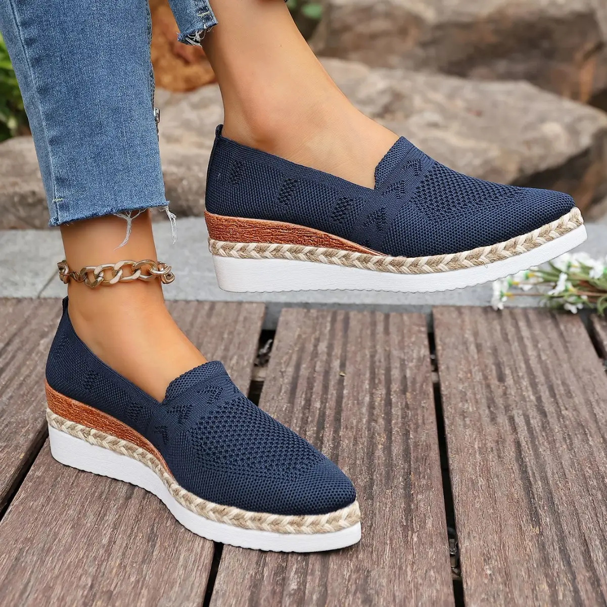 Woven Hemp Rope Platform Shallow Breathable Snakeskin Pointed Toe Women's Flats