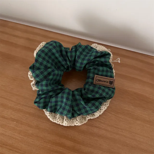 Pastoral Style Plaid Large Intestine Hair Ring Cute Lace Edge Simple Green - Shop at LoveMi