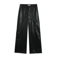 Niche Design Leather Pants Loose Wide Leg Pants - Black - View 1