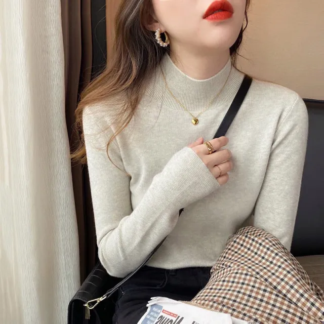 Women's Half Turtleneck Cashmere Bottoming Shirt High Elastic Sweater Grey - Shop at LoveMi