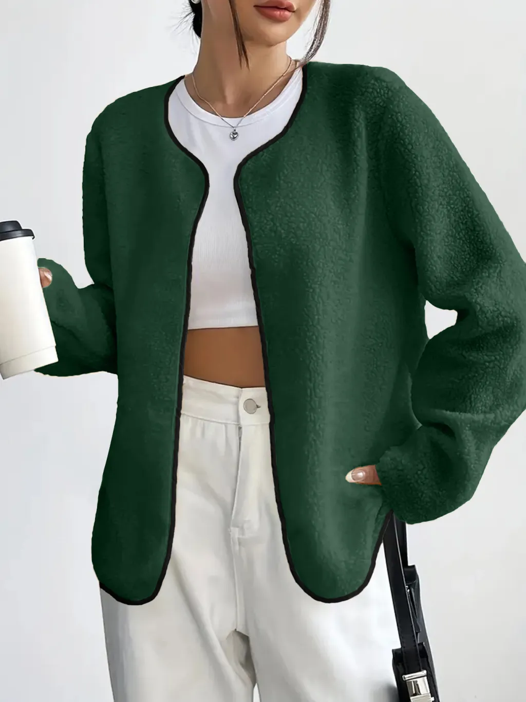 Fashion Casual Solid Color Women's Cardigan Short Jacket - Dark Green