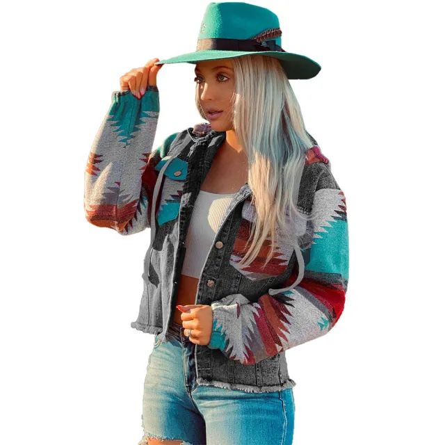 Western Style Denim Stitching Hooded Jacket Multi color Printed Frayed Hem Jacket Lc788120 1022 - Shop at LoveMi