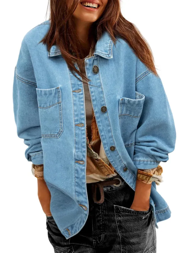 Women's Denim Jacket Large Pocket Button Long Sleeve Split Denim Sky Blue - Shop at LoveMi