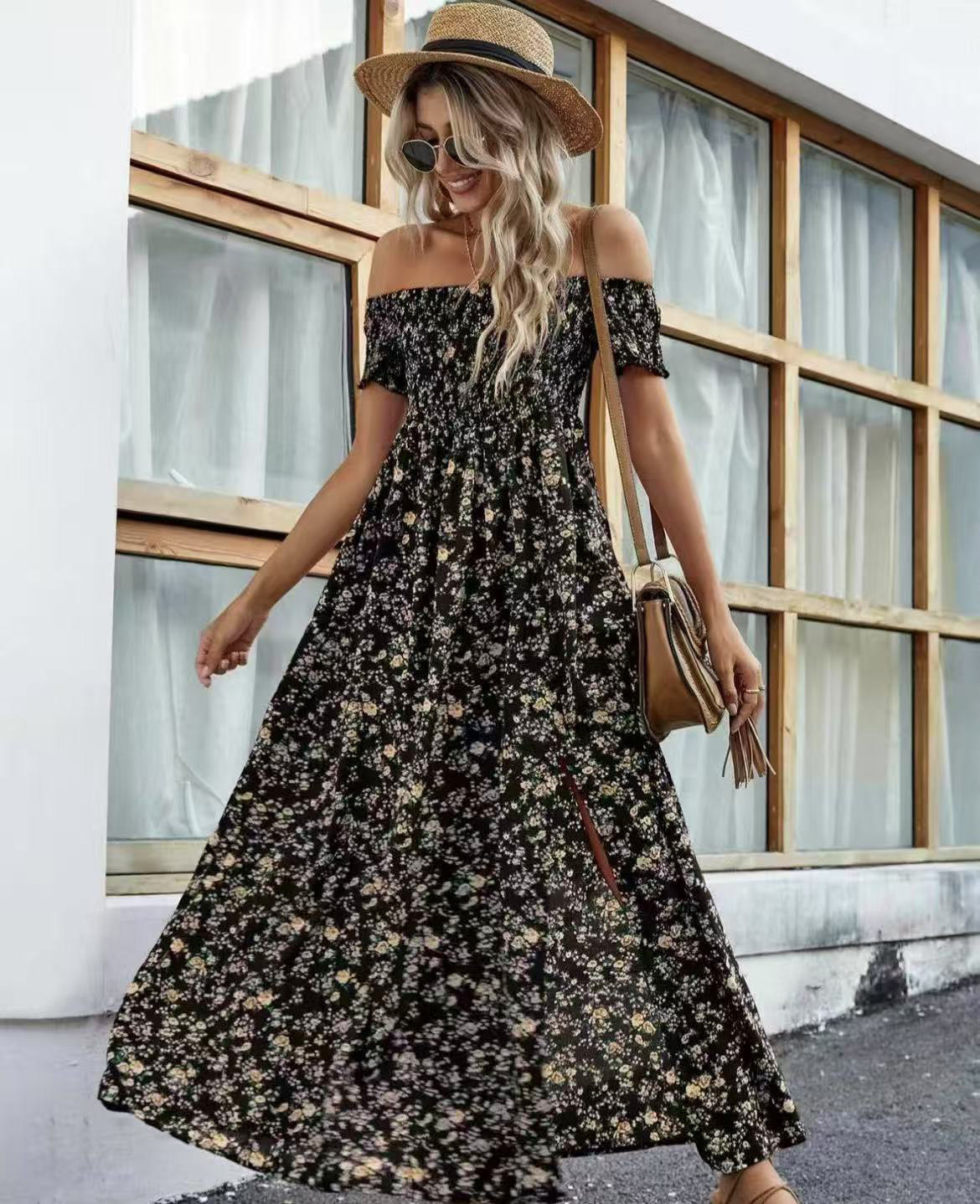 Bohemian Off shoulder Small Floral Dress Black - Shop at LoveMi