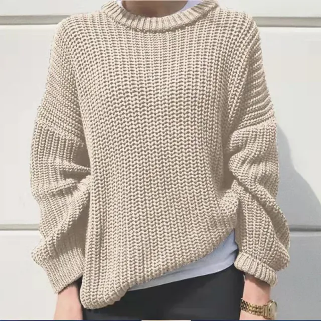 Women's Fashion Casual Simple Thick Needle Long Sleeve Round Neck Loose Knitted Pullover Sweater Beige - Shop at LoveMi