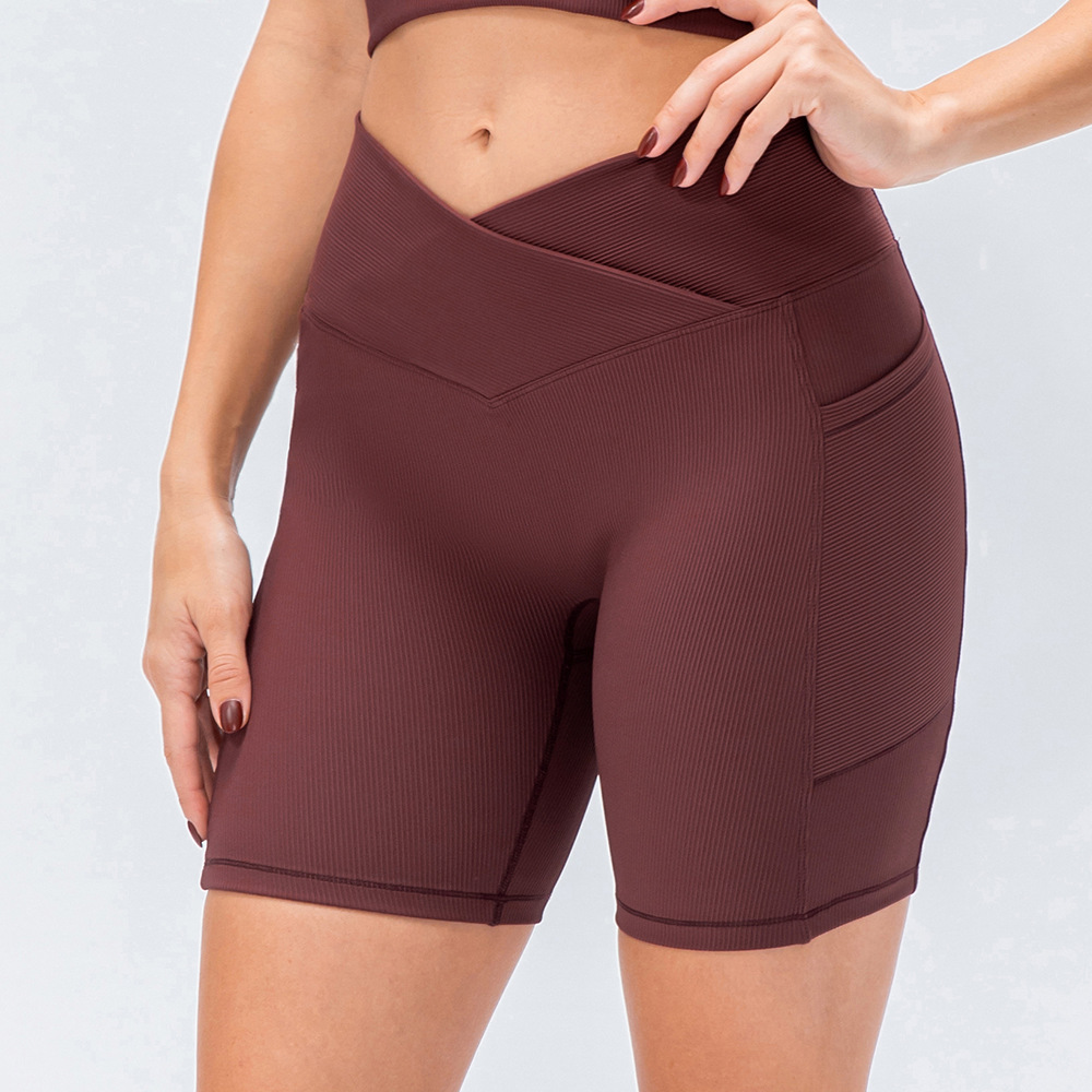 New Women's Yoga Shorts Cross Waist Slim Fit Fitness Pants Pockets High Waist Hip Lift Running Exercise Shorts