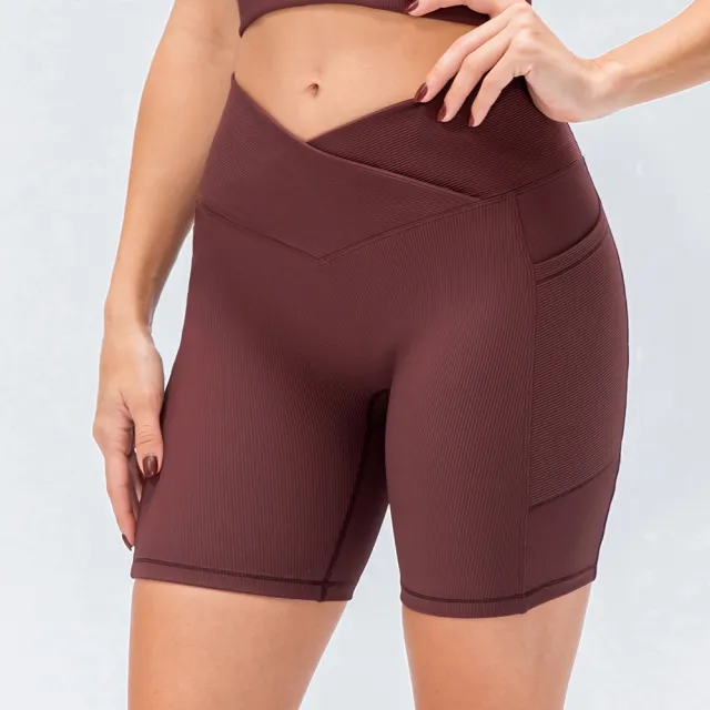 New Women's Yoga Shorts Cross Waist Slim Fit Fitness Pants Pockets High Waist Hip Lift Running Exercise Shorts Red - Shop at LoveMi