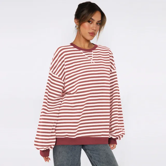 Women's Fashion Round Neck Striped Sweater Loose Bishop Sleeves Top Brown - Shop at LoveMi